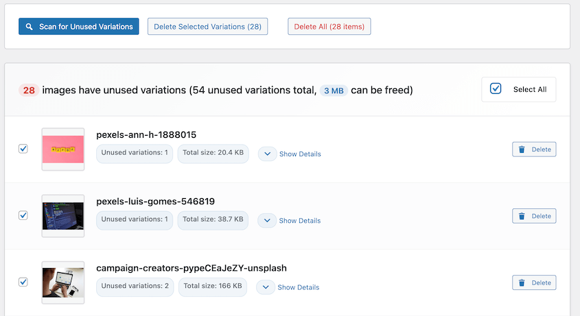 WP Media Cleanup unused image variations