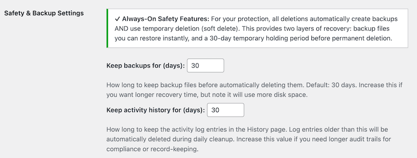WP Media Cleanup backup retention