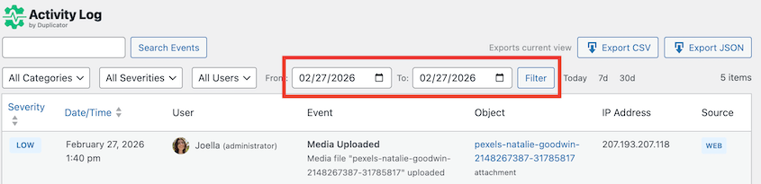 Activity-Log-Date-Filter - Duplicator Activity Log date filter