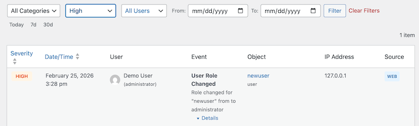 Activity-Log-Severity-Filter - Duplicator Activity Log severity filter