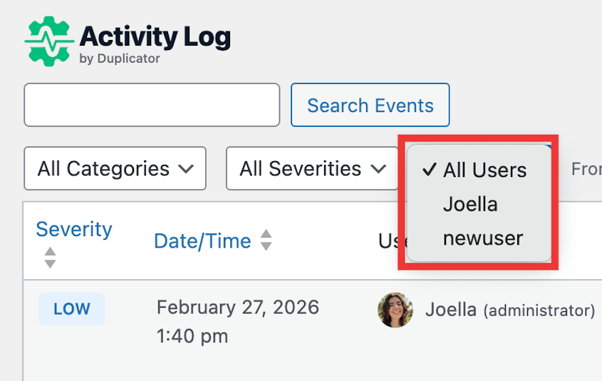 Activity-Log-User-Filter - Duplicator Activity Log user filter