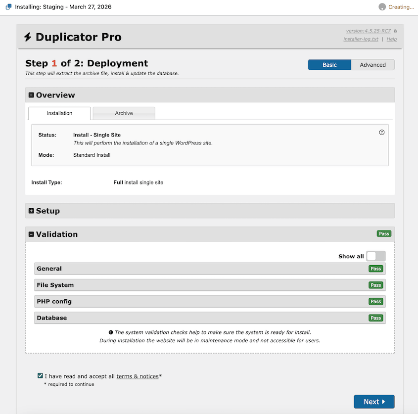 Duplicator staging site installation