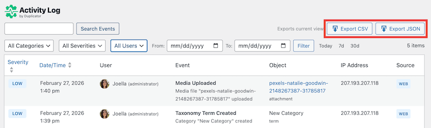 Export-Activity-Log - Duplicator Export activity log