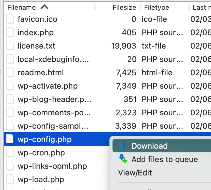Download wp-config.php file with FTP