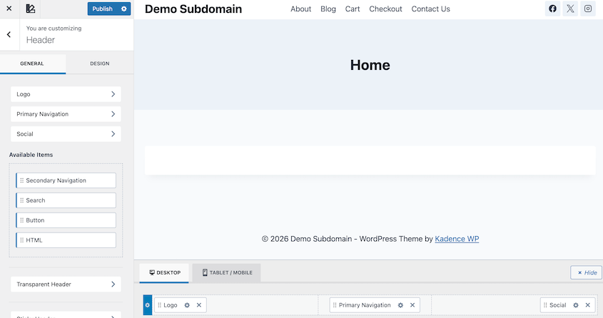 Kadence customizer settings