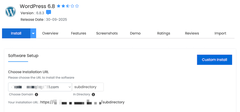WordPress subdirectory install with Softaculous
