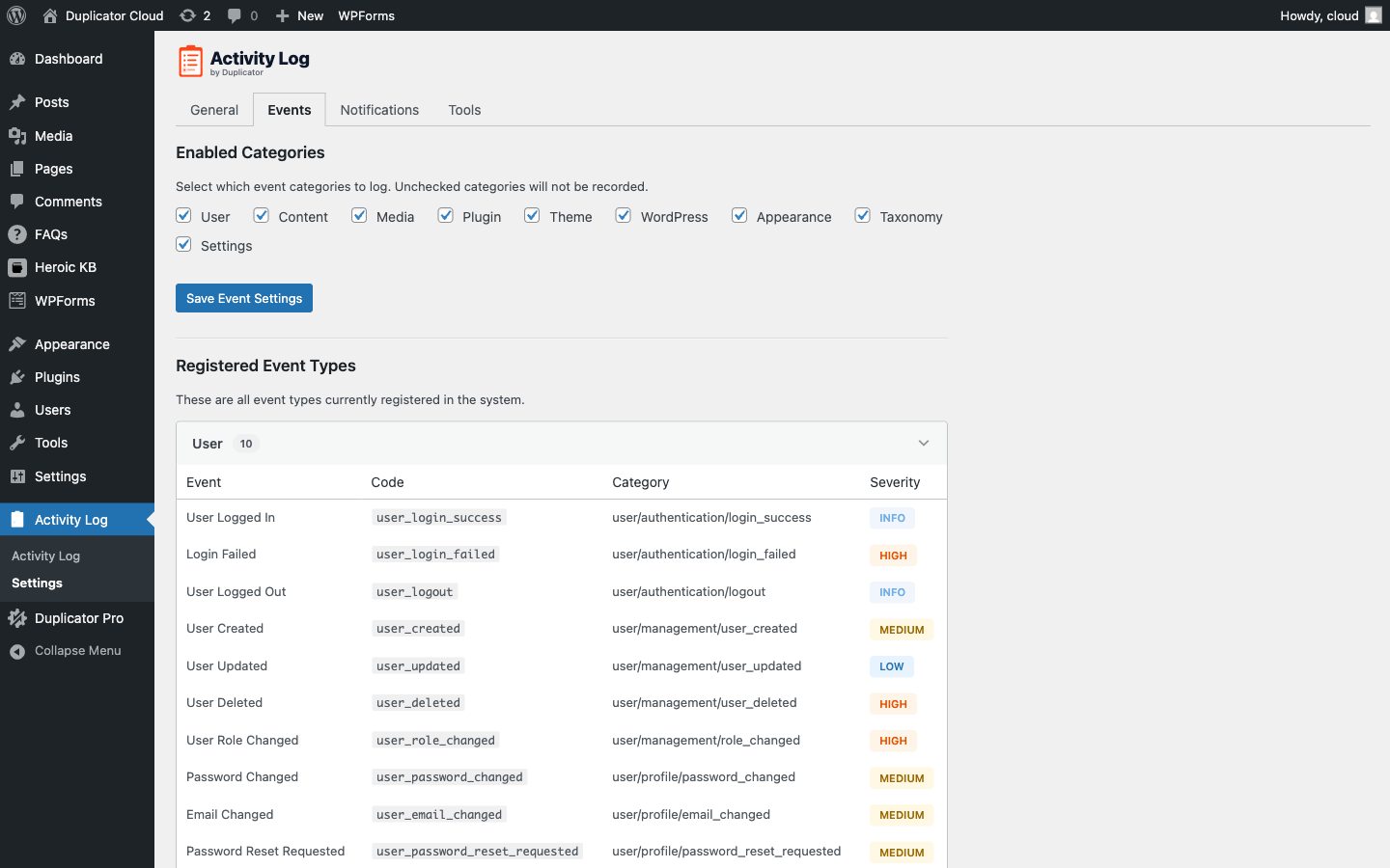 activity-log-settings-events-expanded - Duplikator