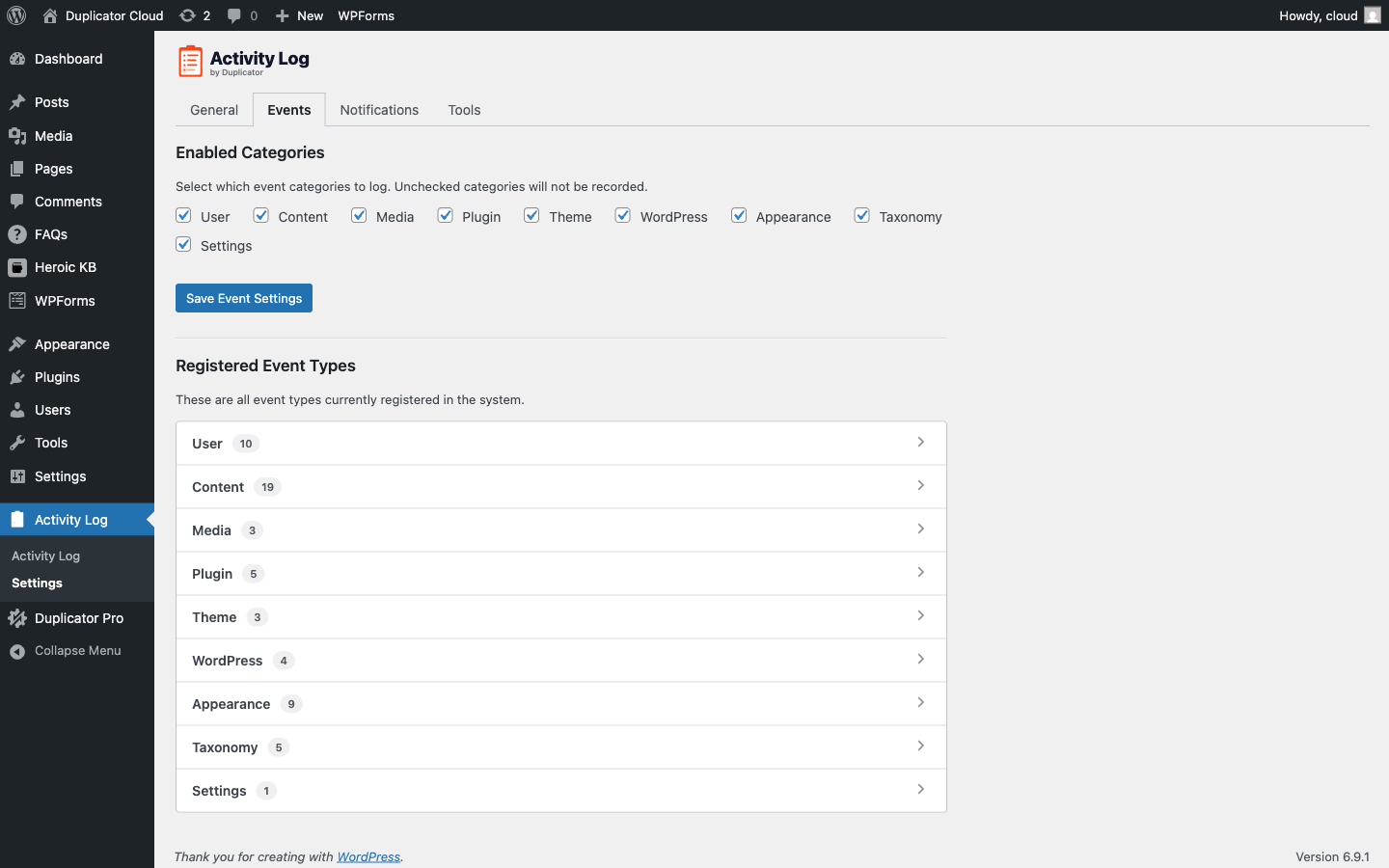 activity-log-settings-events - Duplikator