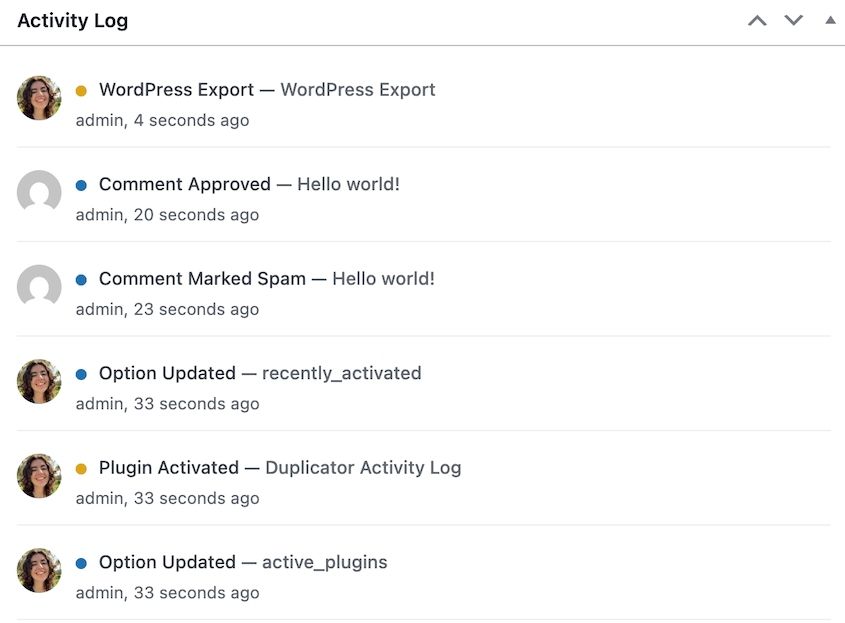 Activity Log by Duplicator dashboard widget