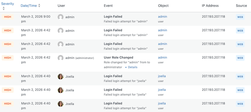 Activity Log high severity flag