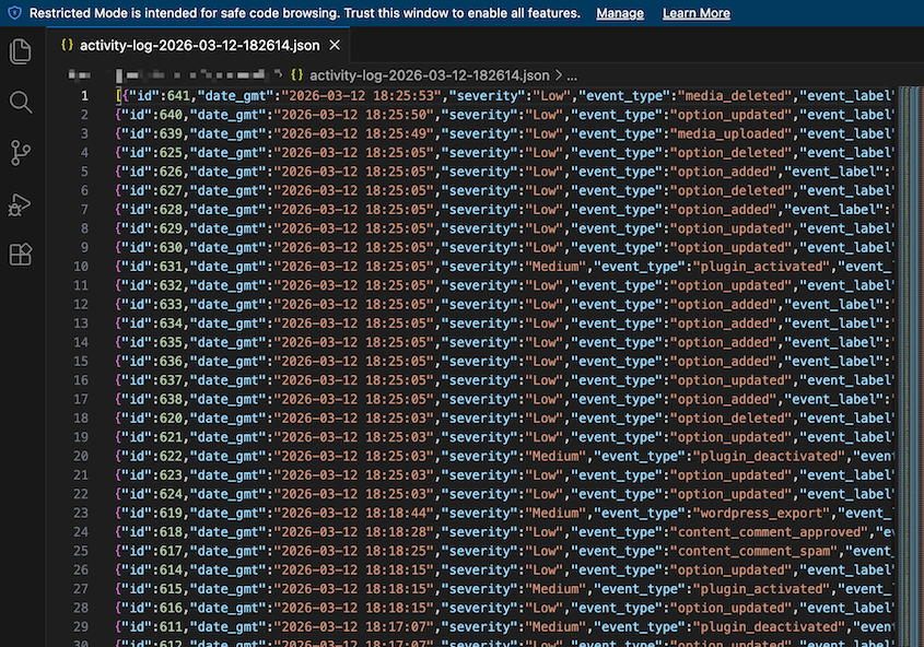Duplicator Activity Log JSON export