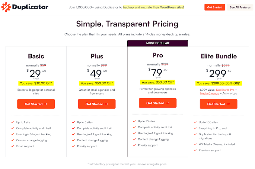 Duplicator Activity Log pricing