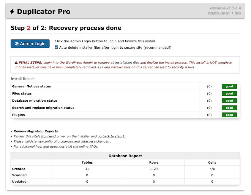 Finished Duplicator remote cloud recovery