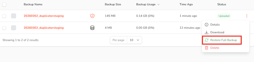 Restore full backup from Duplicator Cloud