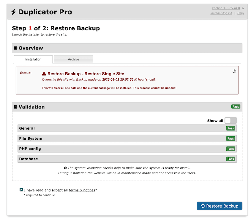 Duplicator Cloud restore backup
