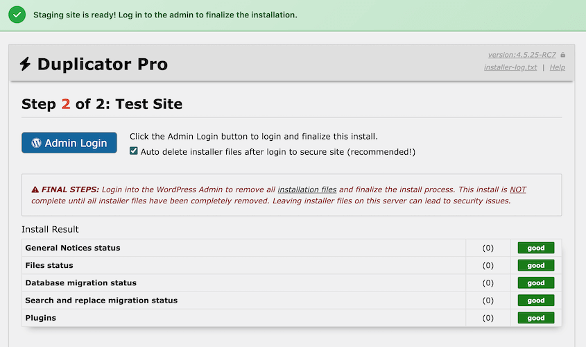 Finished Duplicator staging installation