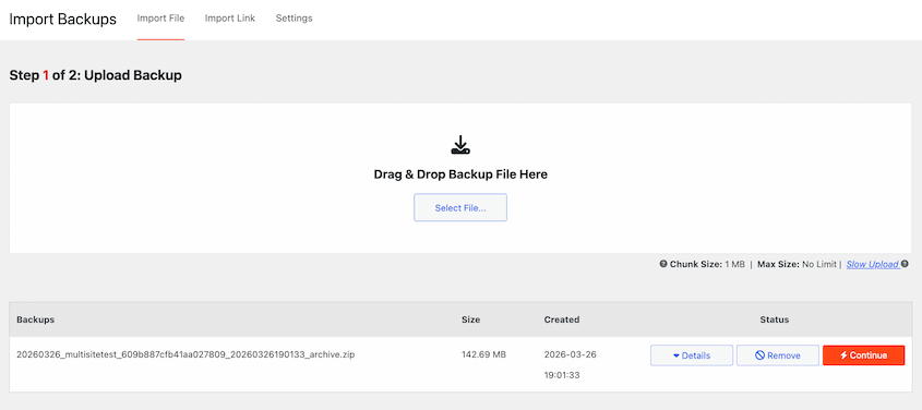 Importa il backup del sottosito