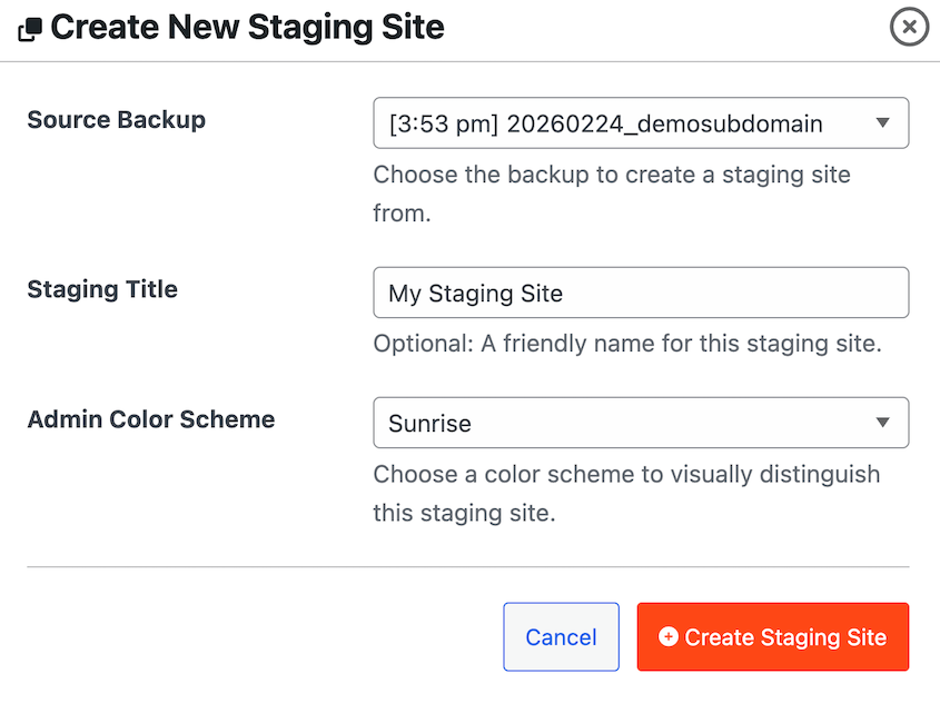 Duplicator staging site setup