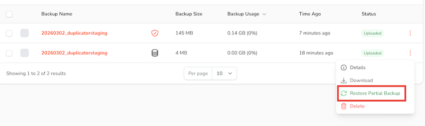 Restore partial backup from Duplicator Cloud