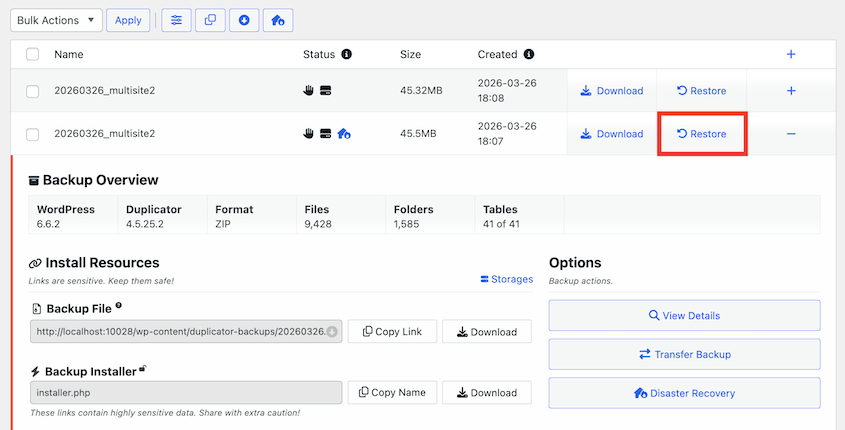 Ripristina il backup multisito