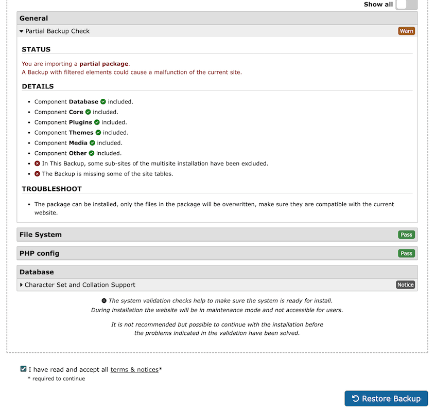 Ripristina un singolo sottosito