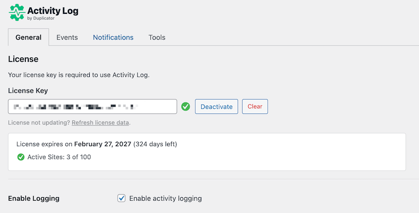 Duplicatorのアクティビティログライセンスを有効にする
