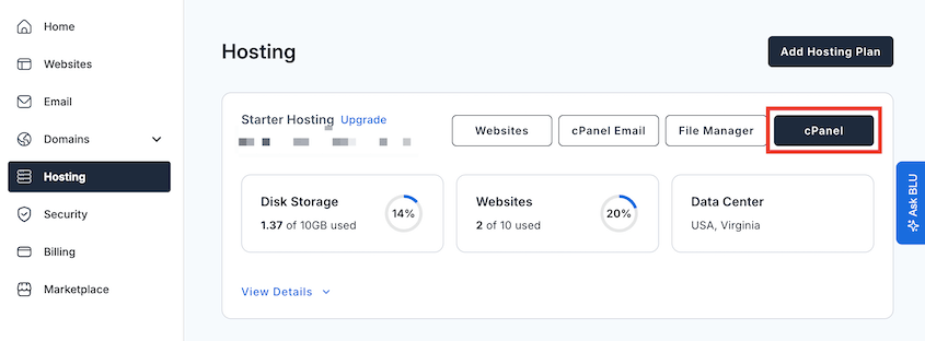 Open cPanel in Bluehost