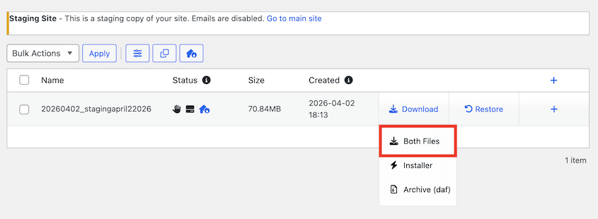 Download staging site backup