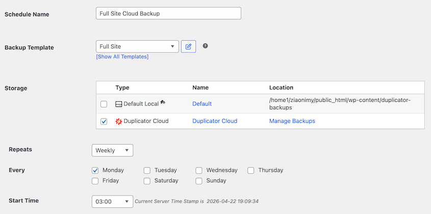 Weekly full site backup schedule
