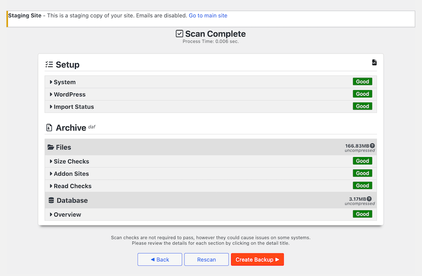 Staging site backup scan