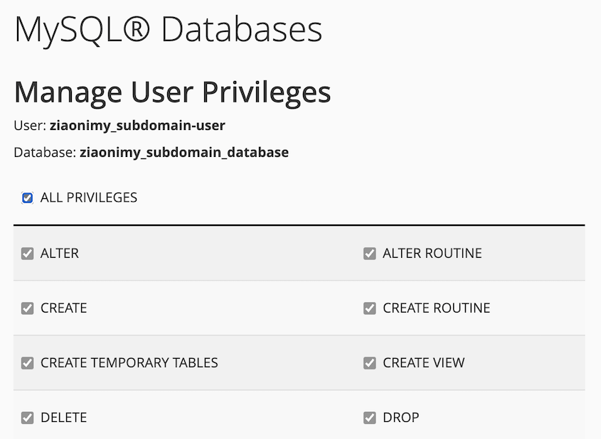 Privilégios de utilizador do subdomínio