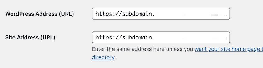 Campos de endereço do WordPress para subdomínios