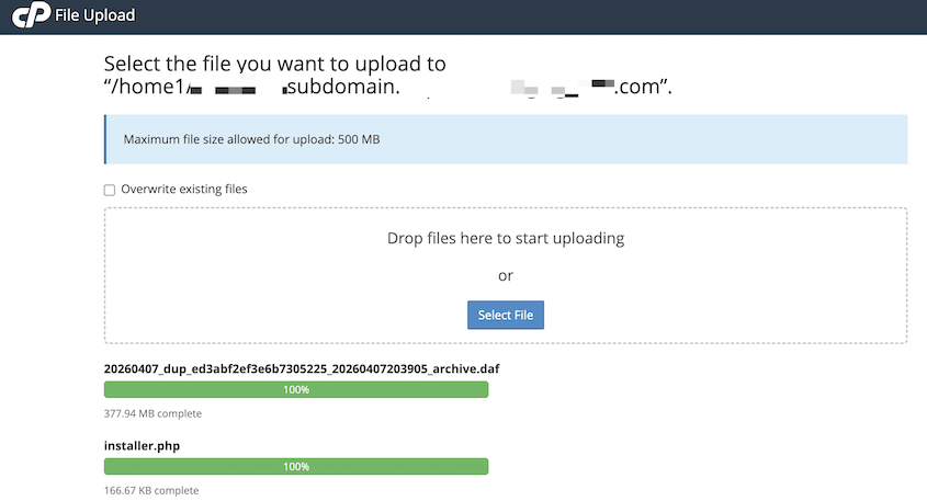 Carregar a cópia de segurança do Duplicator para o subdomínio