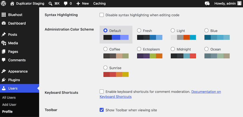 Palette colori dell'amministrazione di WordPress 7.0