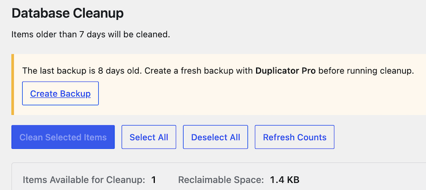 DB Optimizer Duplicator backup before cleanup