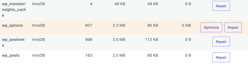 DB Optimizer table optimization and repair