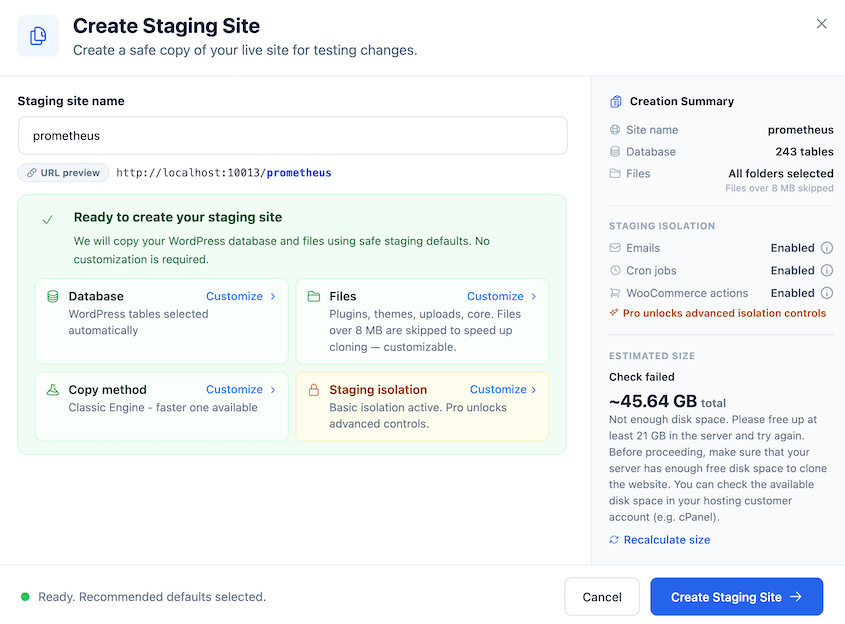 WP Staging staging site setup