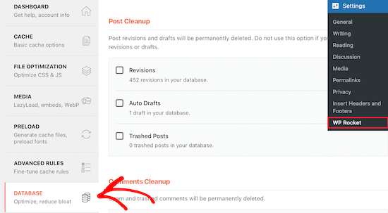 Configurações de banco de dados do WP Rocket
