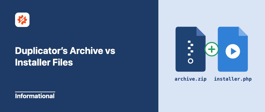 Informational banner comparing archive.zip and installer.php files for Duplicator's Archive vs Installer Files article; left panel with title and badge, right panel icons.