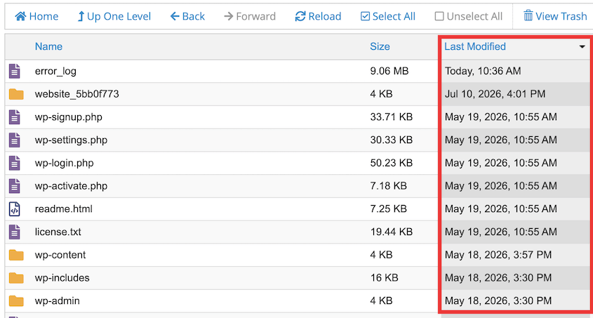 Ultimi file modificati in cPanel
