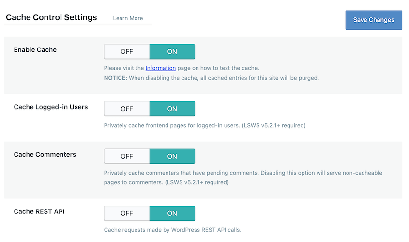 LiteSpeed Cache settings