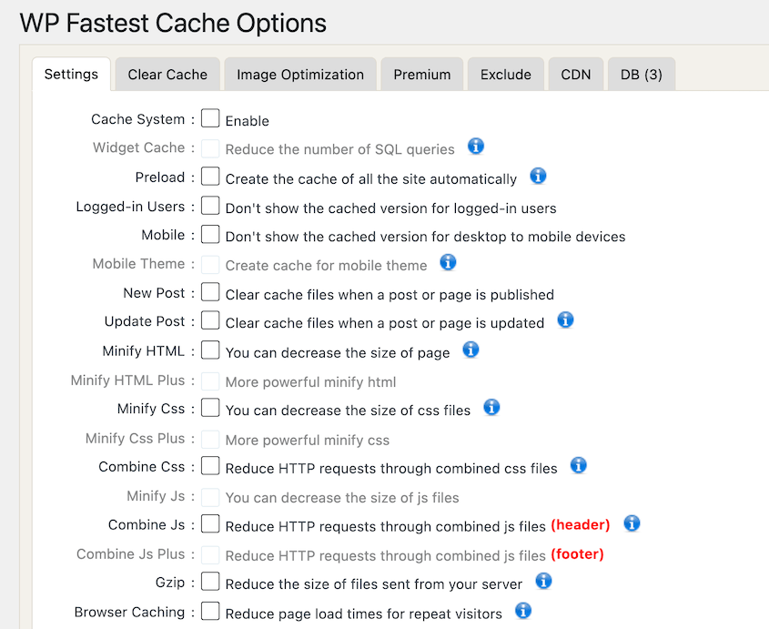 WP Fastest Cache settings