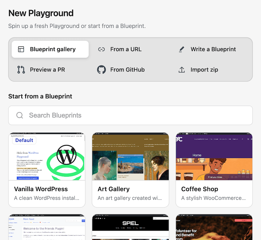 Tela de UI intitulada 'Novo Playground' mostrando uma barra de ferramentas arredondada com 'Galeria de Blueprints' selecionada, opções como De um URL e Escrever um Blueprint; um campo de pesquisa 'Pesquisar Blueprints' e seis cartões de blueprint (por exemplo, 'WordPress Básico', 'Galeria de Arte', 'Cafeteria').