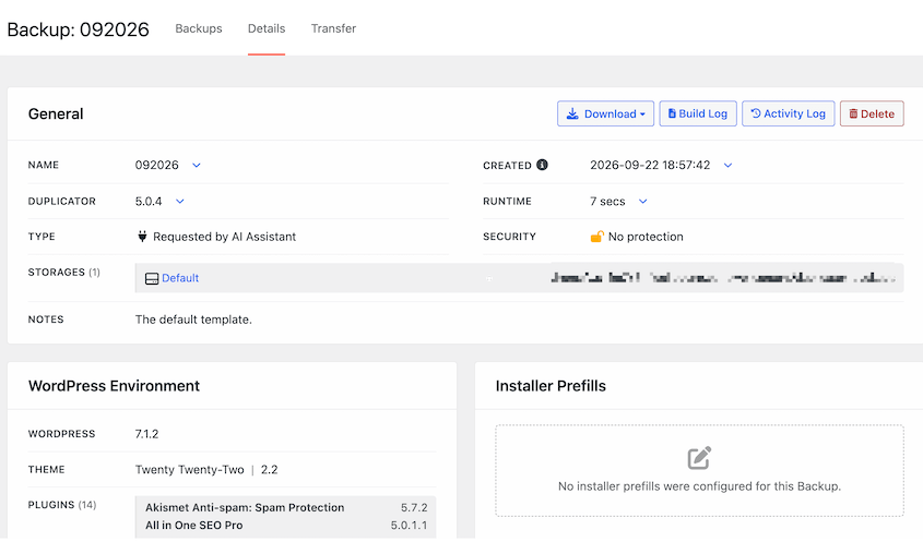 AI WordPress backup details in wp-admin