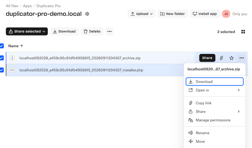 Download Dropbox backup manually