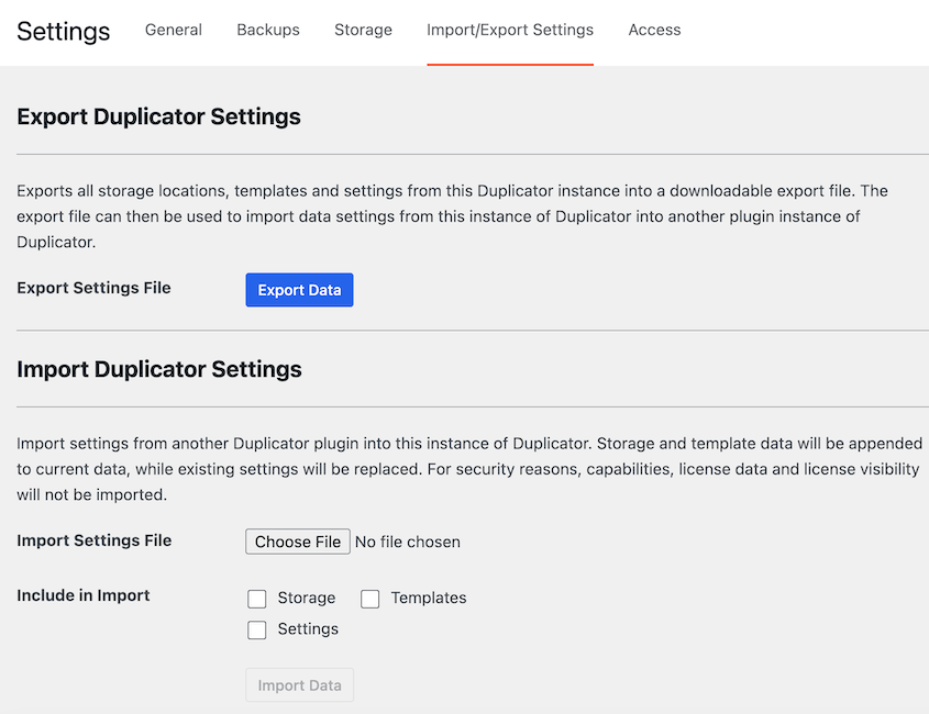 Duplicator import/export settings