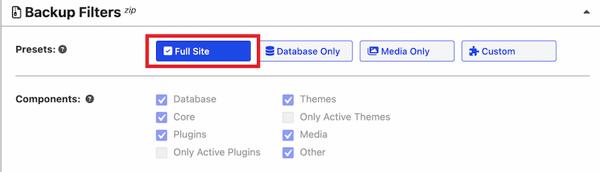 Interfaccia filtri di backup con preset Sito completo selezionato e opzioni componenti (Database, Core, Plugin, Temi, Media, Altro).