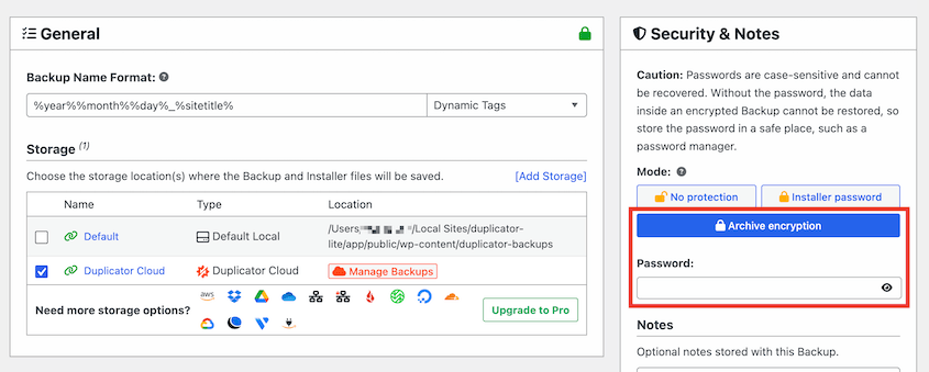 Cifrado de copias de seguridad de Duplicator Lite