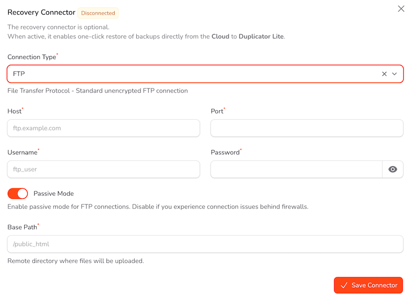 Conector de recuperación de Duplicator Cloud Lite