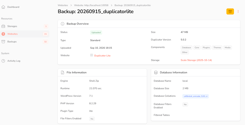 Duplicator Lite backup in Duplicator Cloud